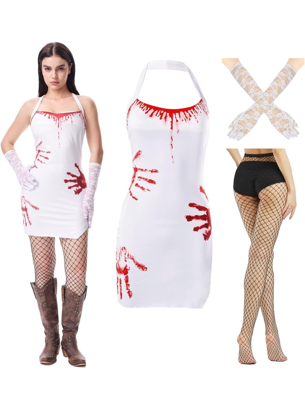 6PCS Scary Bloody Dress Women, Halloween Blood Splatter Dresses with Gloves Neck